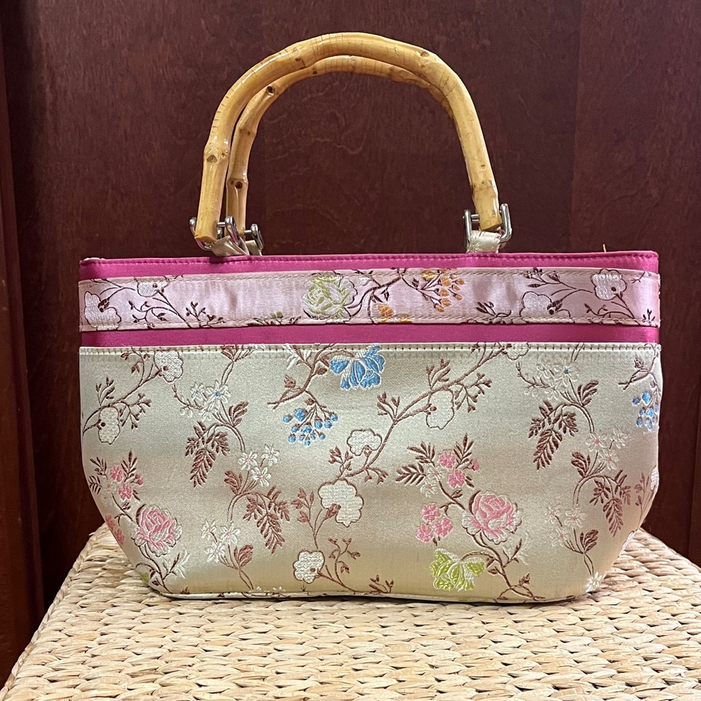 Floral Satin Women's Bag with Bamboo Handles